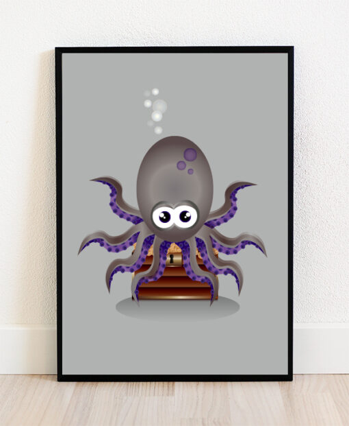 Plakat i ramme med illustration af en blæksprutte