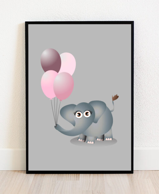 Plakat i ramme med illustration af en elefant