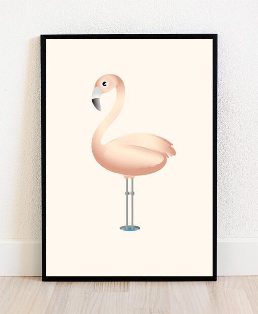 Plakat i ramme med illustration af en flamingo