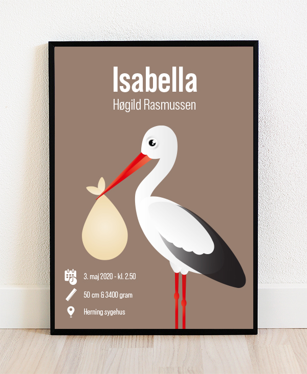 Fødselstavle med stork - brun (plakat) Kaskelot